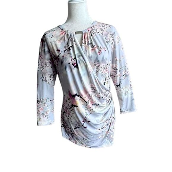 Calvin Klein Tops - Calvin Klein Y2K Top Floral Ruched Split Neck Stretch Shirt